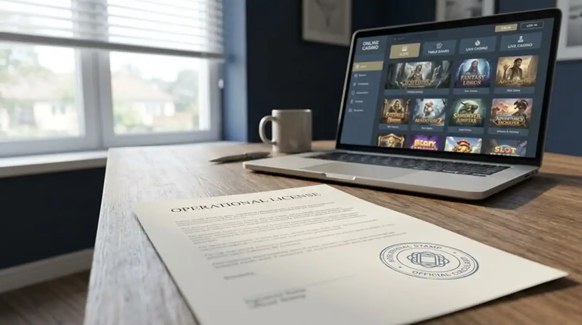 Casino zonder licentie 2026 concept met licentiedocument en laptop